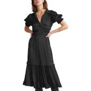 Polo Ralph Lauren Black Satin Pleated Ruffle Midi Dress